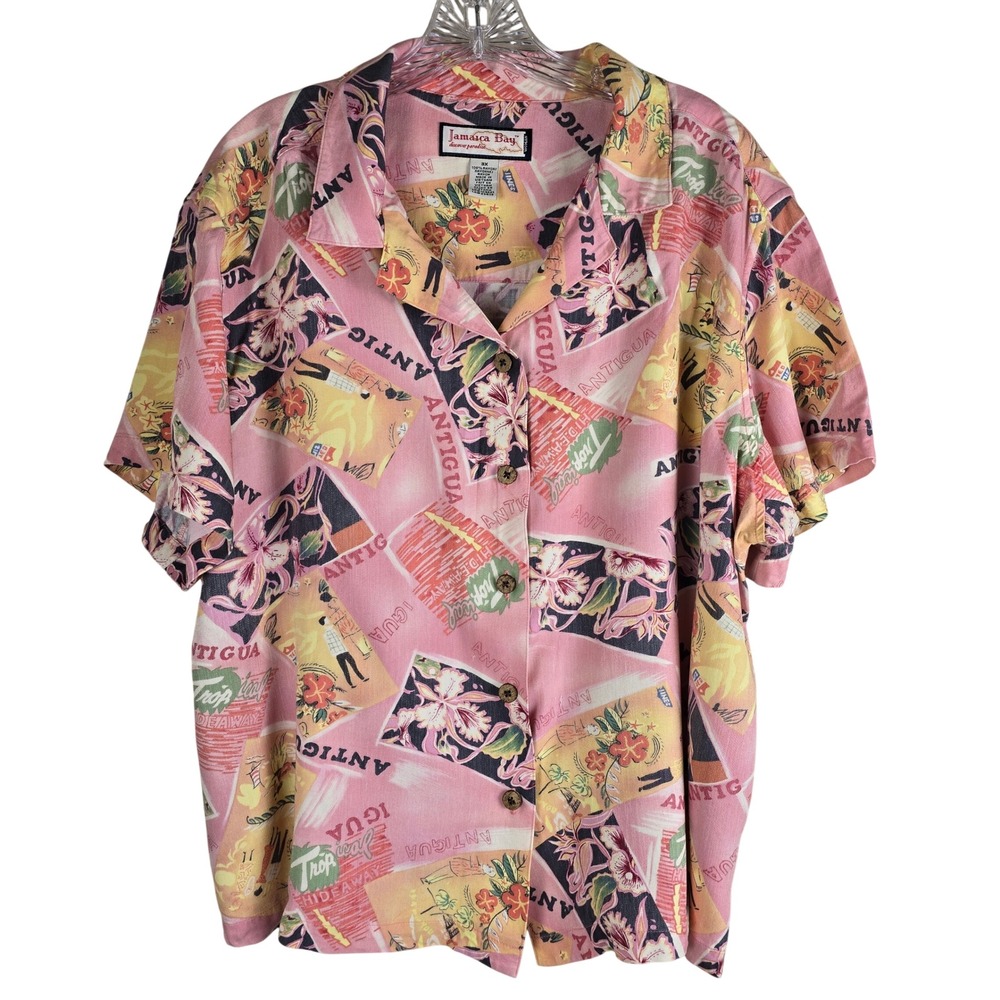 Vintage Style Jamaica Bay Tropical Hideaway Button Up Shirt Pink Plus Size 3X